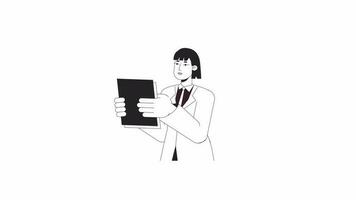 Female employee bw animation. Animated character serious office worker holding papers. Monochrome 2D flat outline cartoon 4K video, white background, alpha channel transparency for web design video