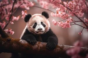 Cute baby panda sitting on a tree branch, surrounded by pink cherry blossoms and green leaves, with a soft, diffused light casting a warm glow on its fur. photo