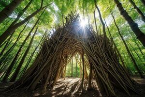 AI Generated Towering trees in the forest created a natural shelter from the sun. photo