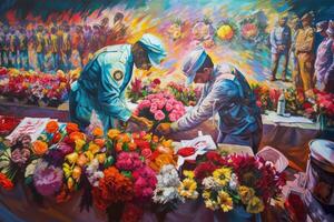 People paying their respects such as by laying flowers or wreaths. Memorial Day. Oil Painting photo