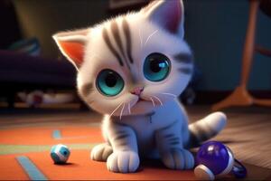 3D cartoon curious kitten is investigating a new toy with its sharp claws. photo