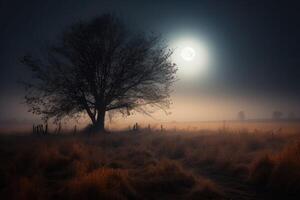 All that glitters is not gold, create a dark and eerie landscape with a lone tree standing tall amidst a foggy and desolate field. photo