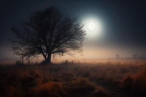 AI Generated All that glitters is not gold, create a dark and eerie landscape with a lone tree standing tall amidst a foggy and desolate field. photo