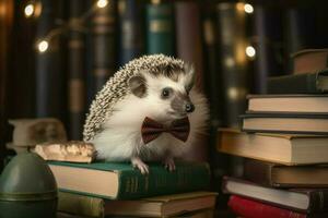 ai generado encantador erizo vistiendo un minúsculo arco atar, rodeado por libros en un acogedor biblioteca. foto