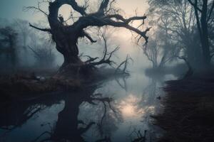 Eerie swamp at twilight, featuring a gnarled tree with twisting roots and a misty fog rolling across the stagnant water. photo