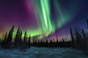 ai generado Aurora borealis bailes a través de el cielo en un asombroso monitor de color. foto