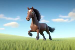 3D cute cartoon majestic horse is galloping across a wide-open field, free and wild. photo