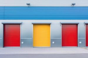 Factory industrial structure. Roller doors, roller shutters provide protection. photo