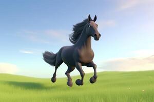 3D cute cartoon majestic horse is galloping across a wide-open field, free and wild. photo