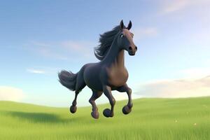 AI Generated 3D cute cartoon majestic horse is galloping across a wide-open field, free and wild. photo