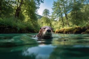 AI Generated Cute little otter floating on its back in a river, with a lush forest in the background and a clear blue sky above. photo