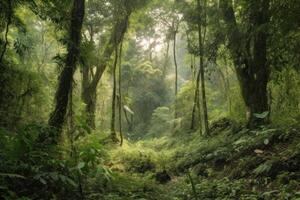 AI Generated The dense forest is home to a myriad of plant and animal species, each contributing to its delicate ecosystem. photo