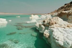 AI Generated Dead sea in the style of light gold and emerald. Surrealistic masterpieces, snapshot aesthetic, white and azure, earthworks, colorful animation stills, gorecore. photo