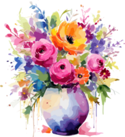 Clipart of flowers in a vase in watercolor painting style AI Image Generative png