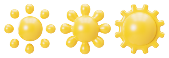 Yellow 3D suns group on transparent background. Cut out design elements. Cute cartoon style sun. 3D render. png
