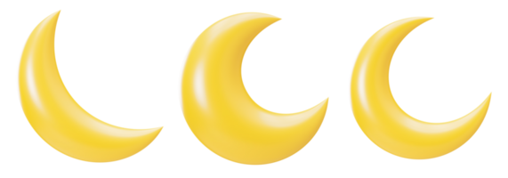 Yellow 3D moons group on transparent background, as PNG. Cut out design elements. Cute cartoon style moon. 3D render. png