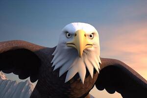 3D cartoon majestic eagle soars through the sky. Its sharp eyes scanning the landscape below. photo