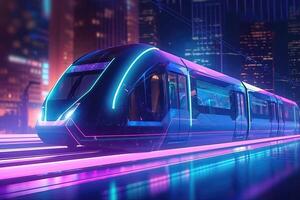 The automated transportation system whisks passengers through the city at lightning speed neon background. Technology concept. photo