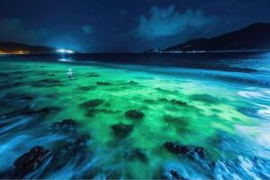 ai generado bioluminiscente plancton en mar playa. foto