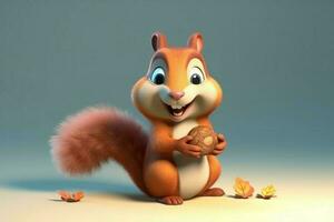 AI Generated 3D cartoon happy-go-lucky cute squirrel is darting around, gathering nuts for the winter. photo