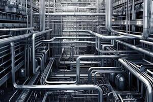 Maze of metal pipes and wires of the semiconductor factory creates an intricate, almost artistic pattern. photo
