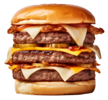 três camada carne grande hamburguer com picles e queijo, ai gerado png