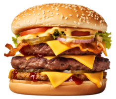 enorme hamburguesa con Tres carne capa, vegetales y queso, ai generado png