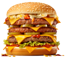 groß Burger mit drei Schicht Rindfleisch Fleisch mit Soße Käse und Gemüse, ai generiert png