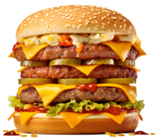 grande hamburguer com três camada carne carne com molho queijo e vegetais, ai gerado png