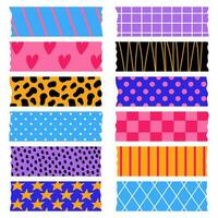 Collection of colorful patterned washi tape strips. Decorative scotch tapes isolated on white background. vector