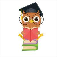 vector cartoon illustration of a cute owl sitting on a book and reading a book