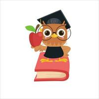 vector cartoon illustration of a cute owl sitting on a book with an apple in hand