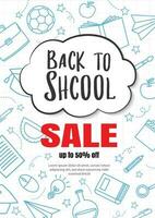 Back to school sale in doodle style background. Education hand drawn objects and symbols banner. vector