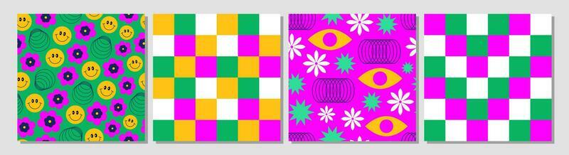 Set of modern retro groovy seamless patterns. Abstract geometric psychedelic backgrounds. Geometric shapes, futuristic figures, flowers, line art, smiles, stars. Retro nostalgia. Y2k.