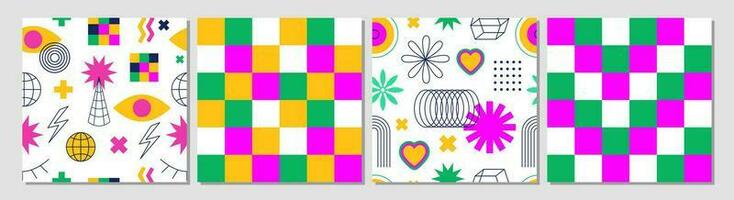 Set of modern geometric futuristic backgrounds. Abstract psychedelic brutalist seamless pattern. Geometric shapes, flowers, line art, rainbows, stars, checkered boards. Y2k. vector