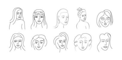 Modern linear woman faces. Doodle female characters. Contemporary line art. Sticker, tattoo, logo, emblem design. vector