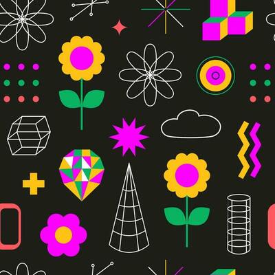 Modern geometric funky seamless pattern. Abstract trendy playful geometry. Kid core. Line art, frames, flowers, shapes, Y2k. Retro vintage concept. Background, banner, poster, advertising, web, cards.