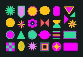 Set of retro futuristic stickers, labels, patches, geometric shapes, playful geometry. Brutalist abstract figures. 70s, 80s, 90s, 00s. Bright vivid acid colors. Nostalgia vintage icons vector