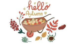 Hello autumn set hand drawn apples and leaves wheelbarrow card vector