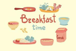 Breakfast time with oat corns and eggs hand drawn set vector