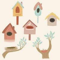 Nesting boxes birdhouse hand drawn set vector