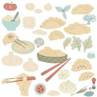 Hand drawn dumplings set with vegetables and hands with sticks vector