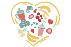 Healthy smoothies breakfast hand drawn set with berries and fruits vector