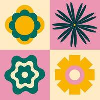 Trendy vintage square poster in retro colors. Multi-coloredwith playful colors and geometry, bright blocks and flowers, yellow green and pink. Poster in the style of the 90s, Y2K. vector