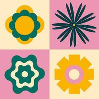 Trendy vintage square poster in retro colors. Multi-coloredwith playful colors and geometry, bright blocks and flowers, yellow green and pink. Poster in the style of the 90s, Y2K. vector