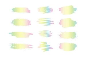 Set of holographic strokes of paint. Y2K cute holographic stickers isolated on white background, vector rainbow hand drawn element.