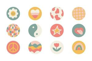 Set of 12 round icons isolated on white background. Highlights for stories in a trendy retro groovy style. Yellow and pink elements flower, star, world, yin yang, rainbow, world, lips and more. vector