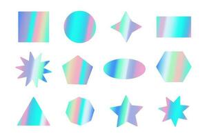 A set of 10 holographic stickers Y2K in different shapes - circle, square, star, oval and others. Rainbow gradient patch isolated on white background. Trendy vector elements in trendy 90s, 00s style.
