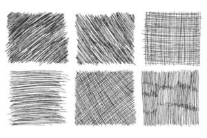 Set of 6 square elements doodle strokes isolated on white background. Pencil strokes, diagonal, horizontal, vertical strikethroughs. vector