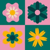 Trendy vintage square poster in retro colors. Multi-colored bright blocks and flowers, yellow green and pink. Poster in the style of the 90s, 00s, Y2K. vector